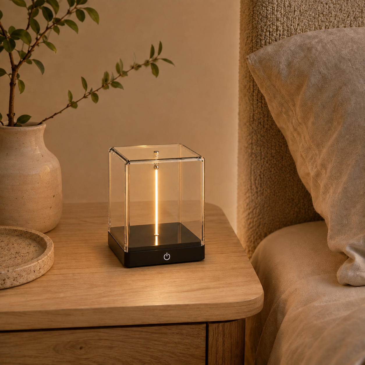 DaeNeu magnetic filament balance lamp beside a bed